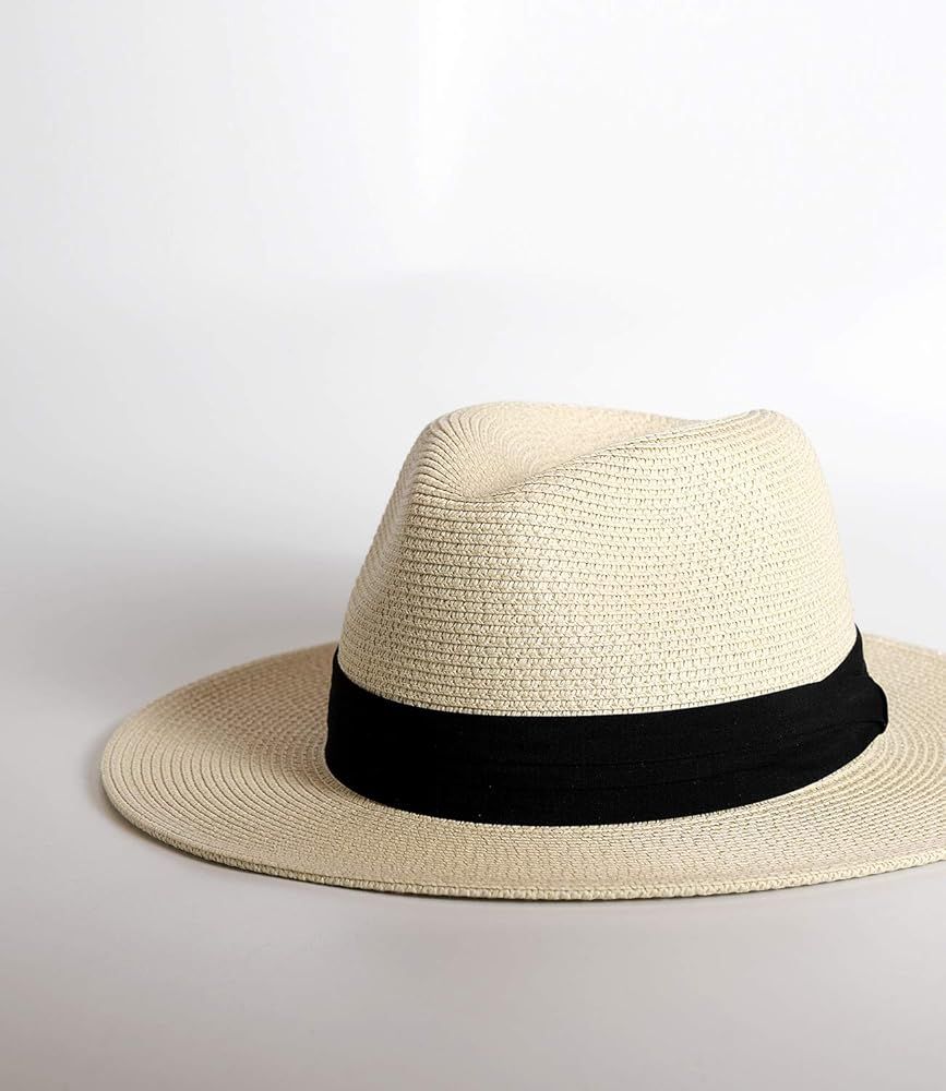 Womens Mens Wide Brim Straw Panama Hat Fedora Summer Beach Sun Hat UPF Straw Hat for Women | Amazon (US)