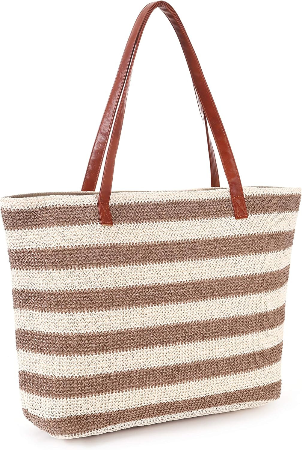 Genovega Stripe and Stitchwork Straw Tote Beach Bag with Zipper, Perfect for Beach Travel Shoppin... | Amazon (US)