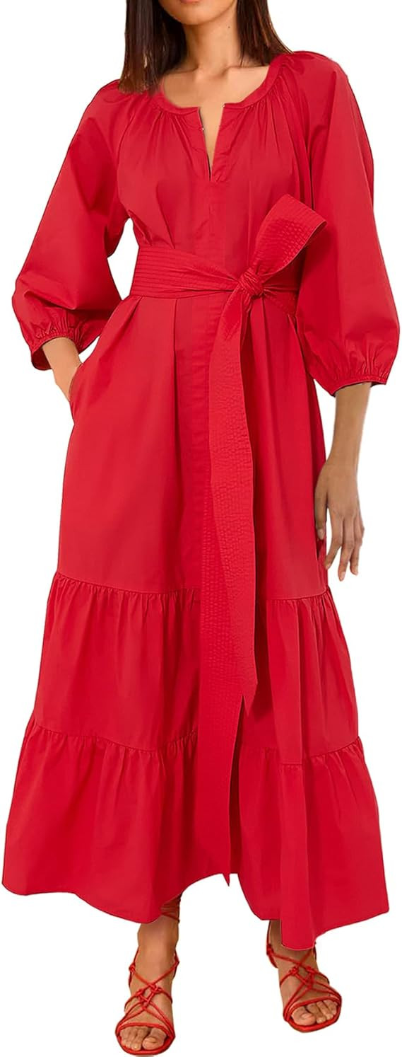 Women's Ruffle Maxi Dress Puff Sleeve Flowy Tiered Long Dress with Belt | Amazon (US)