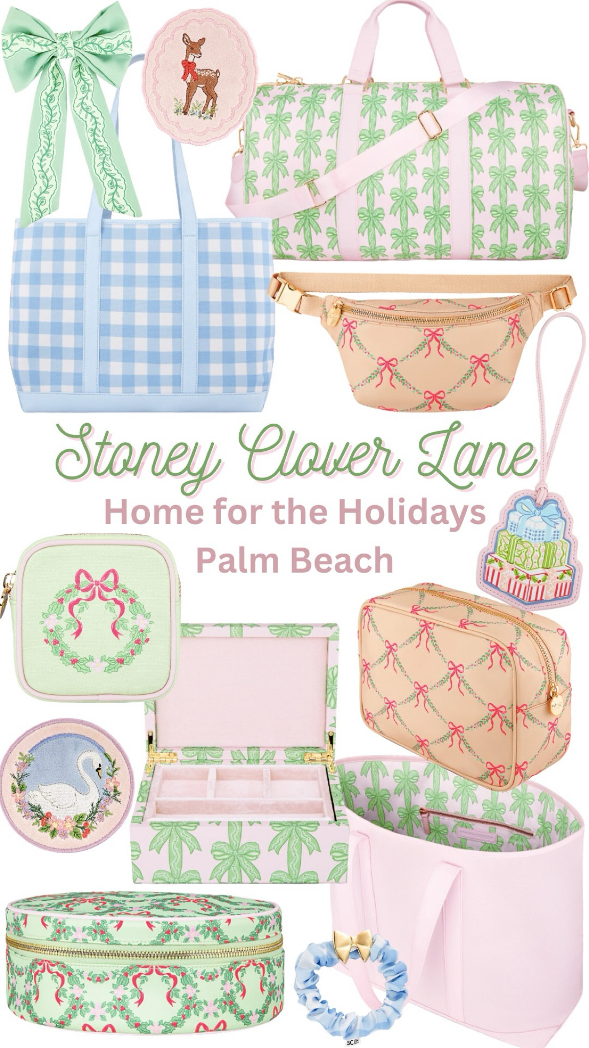 Stoney Clover Lane Palm Beach inspired holiday collection, grand Millennial style, holiday bag, preppy style, pink and green bag, blue and white gingham bag, travel pouch, pastel Christmas 

#LTKGiftGuide #LTKitbag #LTKHoliday