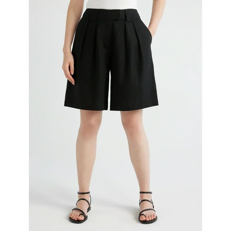 Scoop Women's Pleated Linen Blend Bermuda Shorts with Wide Leg, Inseam 9.75’’, Sizes 0-18 | Walmart (US)
