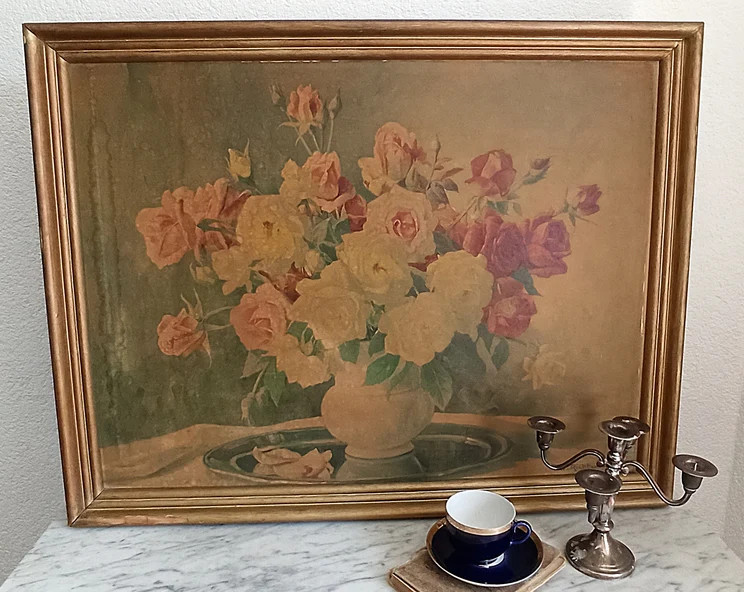 large shabby picture in a frame - bouquet of flowers - old faded faded print - W. Richter - still life - brocante - shabby cchic | Etsy (US)