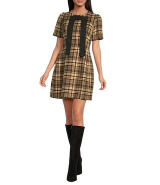 Lantern Bow Plaid Crew Neck Short Sleeve Mini Dress | Dillard's