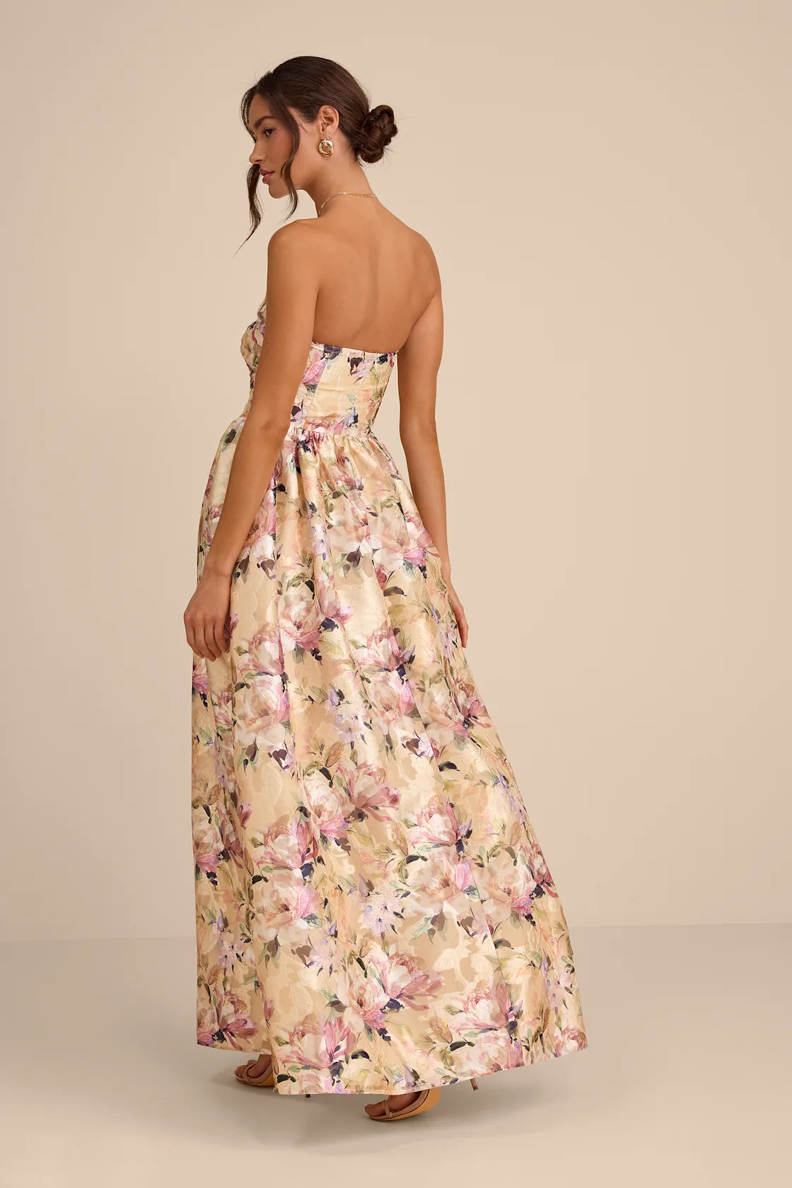 Kathani Light Yellow Floral Jacquard Bustier Maxi Dress | Lulus