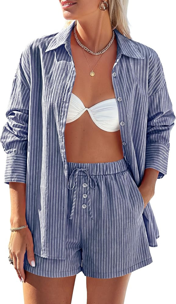 Button Down Shirts, Long Sleeve Blouses, Pockets Shorts, Cotton Pajamas Set, Comfy Loungewear, Sp... | Amazon (US)