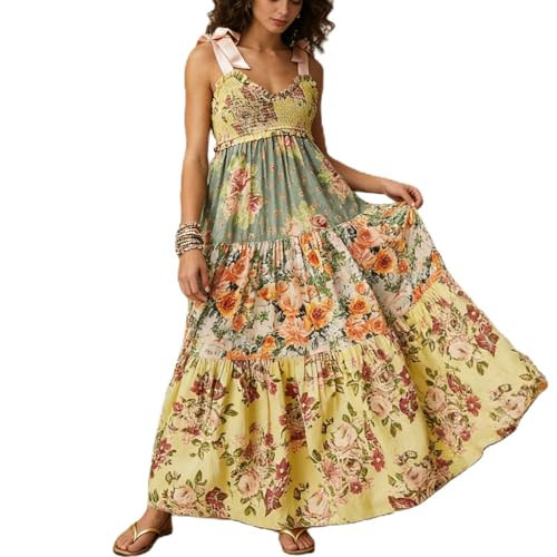 Women Summer Dresses Flowy Smocked Maxi Dress Sleeveless Tie Shoulder Boho Dresses Y2K Floral Beach Sundresses, Yellow, Large | Amazon (US)