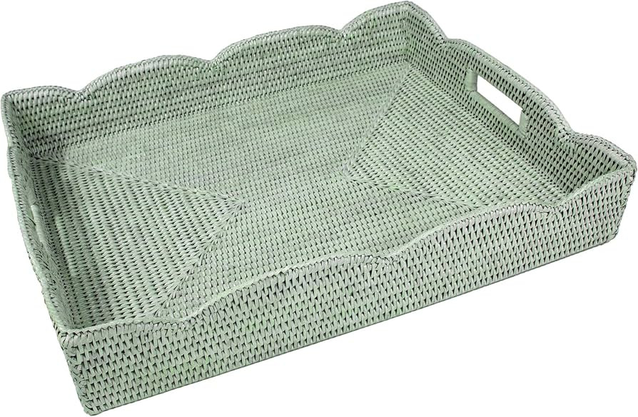 Caspari Rattan Scalloped Large Tray in Green – Handwoven Rectangular Serving & Decorative Tray ... | Amazon (US)