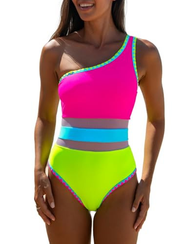 popvil Women's Sexy One Shoulder One Piece Bathing Suits Neon Color Block Swimsuits Slimming Mesh Swimwear | Amazon (US)