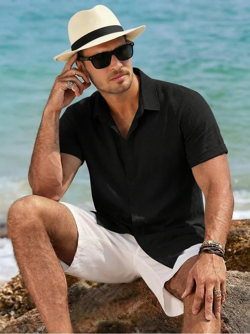 RICHCOIN Men's Linen Shirts Short Sleeve Casual Shirts Button Down Shirt for Men Summer Beach Shi... | Walmart (US)