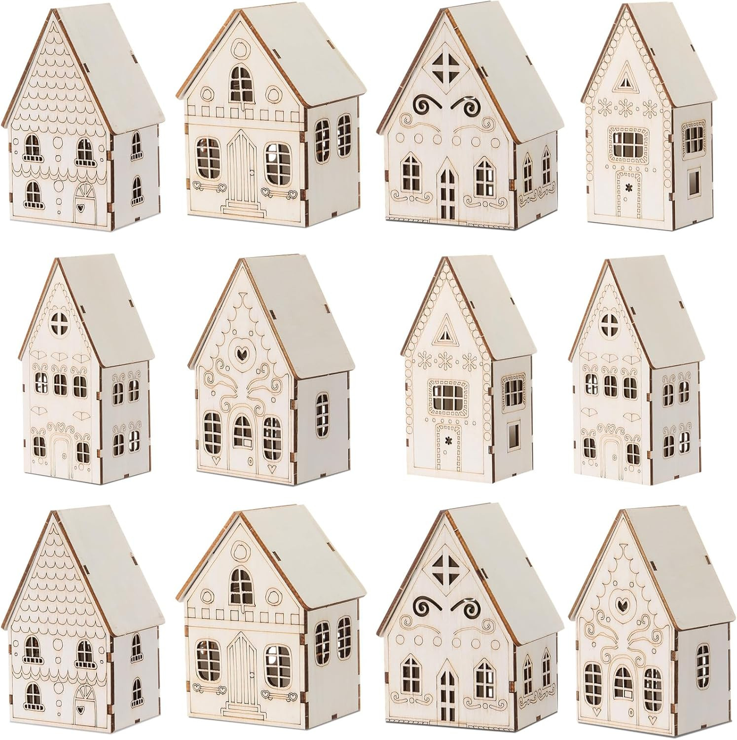 Hiboom 12 Pcs DIY Christmas Village Sets Wood Peaked Roof Houses Christmas Mini Wooden House Gift... | Amazon (US)