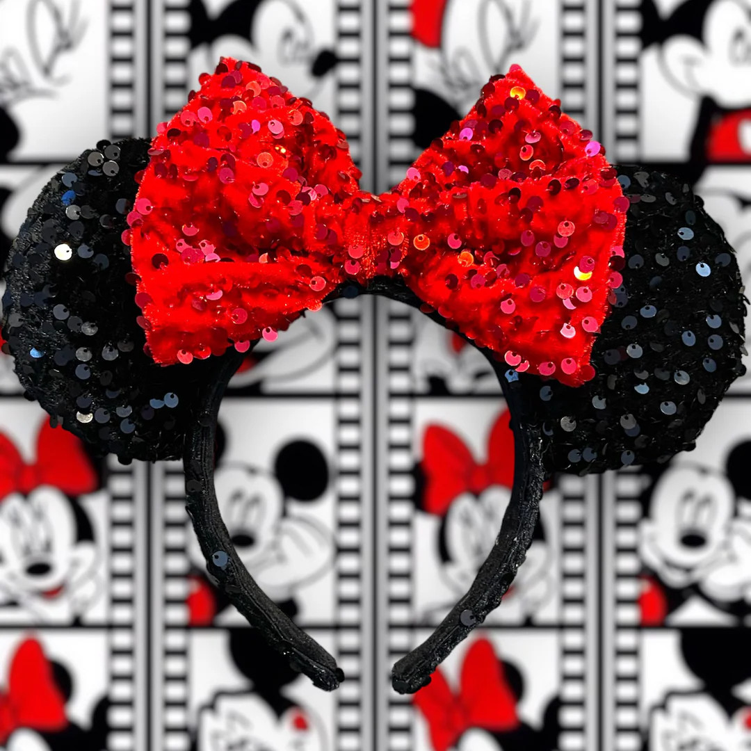 Classic Mickey or Minnie Inspired Black Sequin Mouse Ears With a Red Sequin Bow, Minnie Ears, Mic... | Etsy (US)