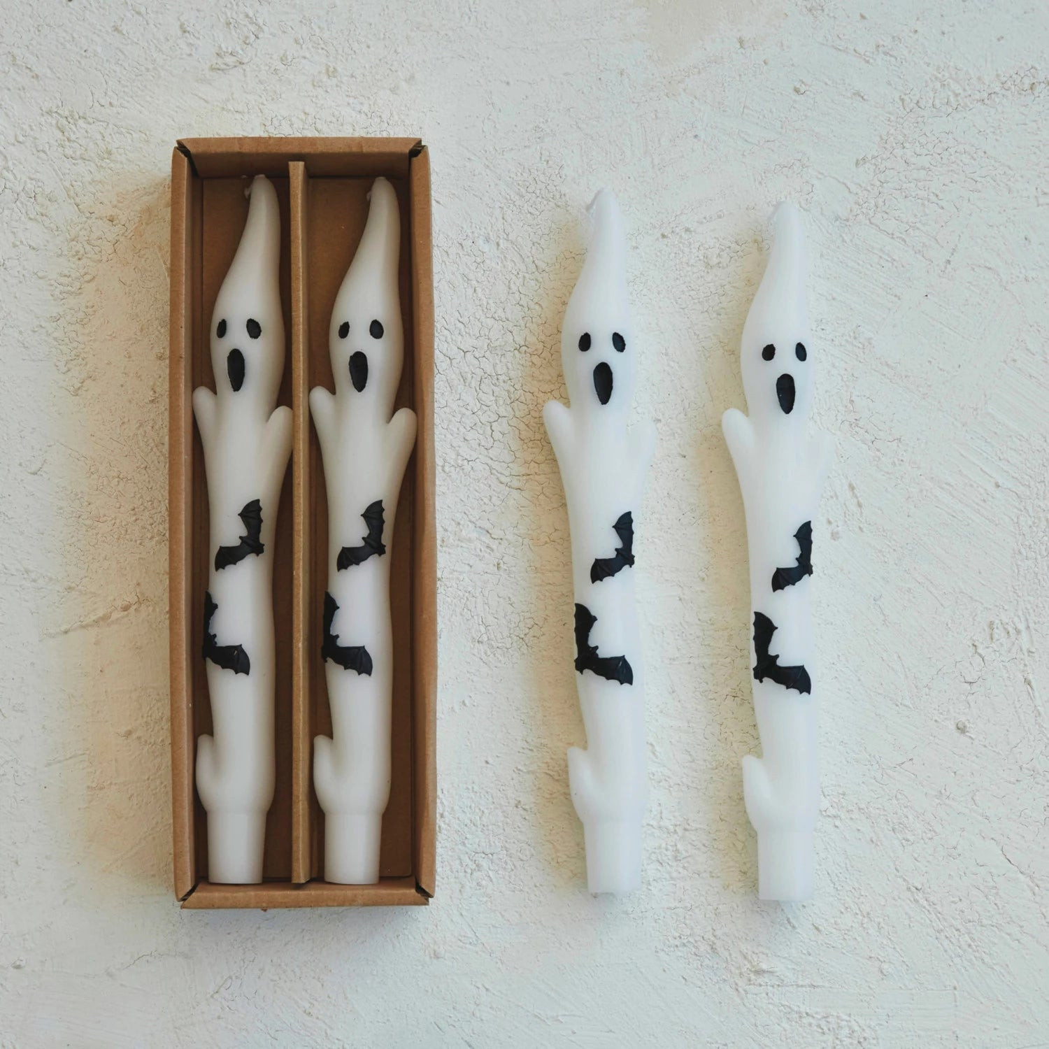 Unscented Ghost Shaped Taper Candles with Bats in Box, Set of Two | The Nested Fig