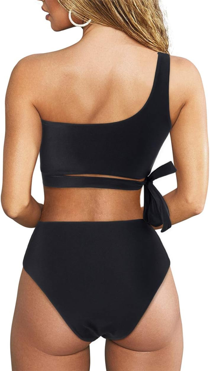 MOOSLOVER Women One Shoulder High Waisted Bikini Tie High Cut Two Piece Swimsuits | Amazon (US)