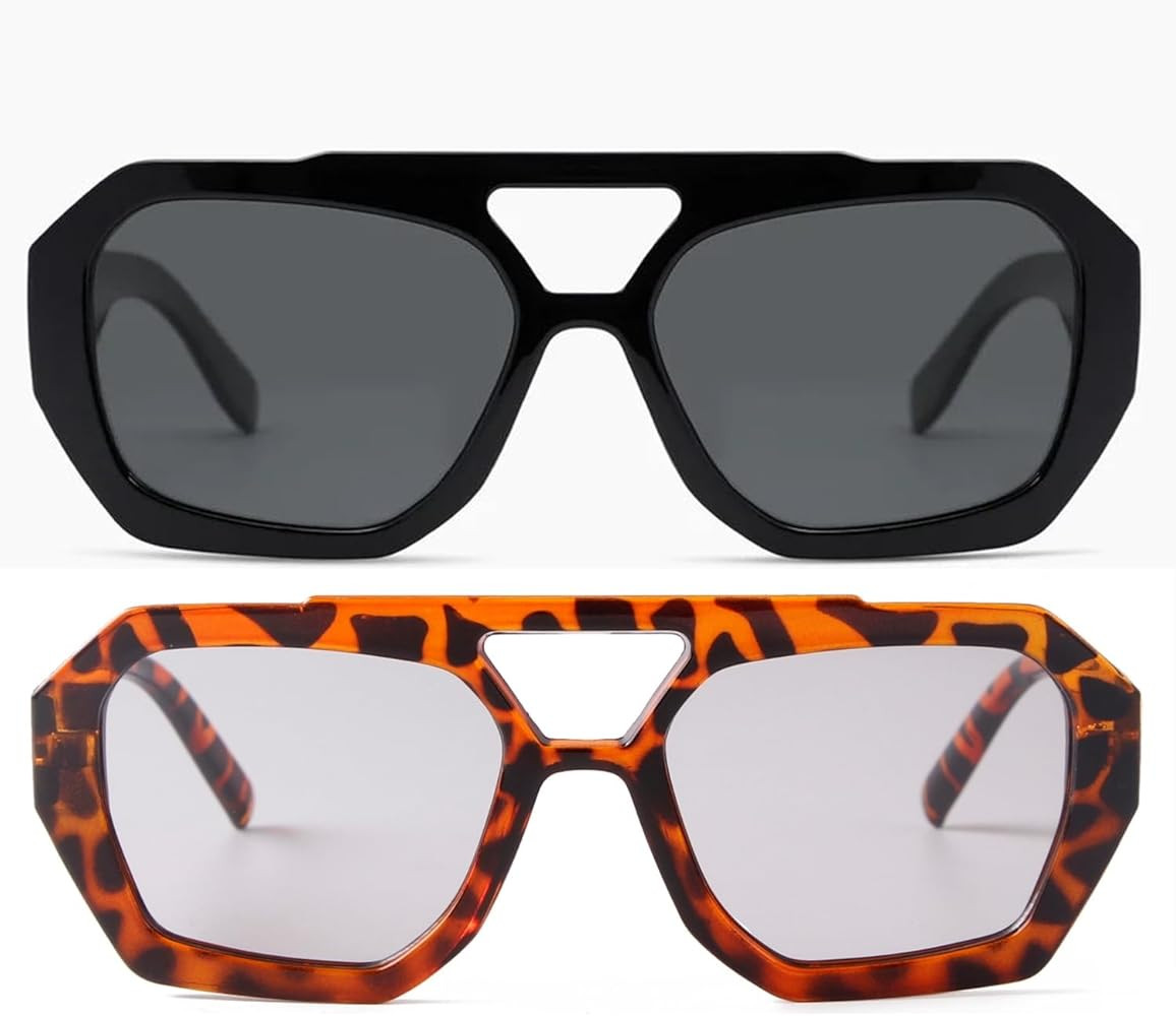 ADE WU Trendy Square Aviator Sunglasses for Women Thick Frame Double Bridge Geometric Sun Glasses | Amazon (US)