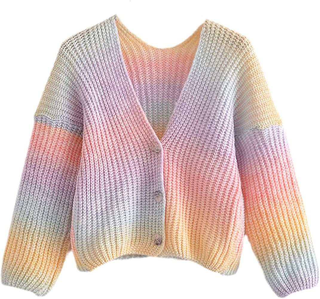 Women Cardigan Sweater Spring Autumn Loose Short Long Sleeve Rainbow Knitted Cardigan | Amazon (US)