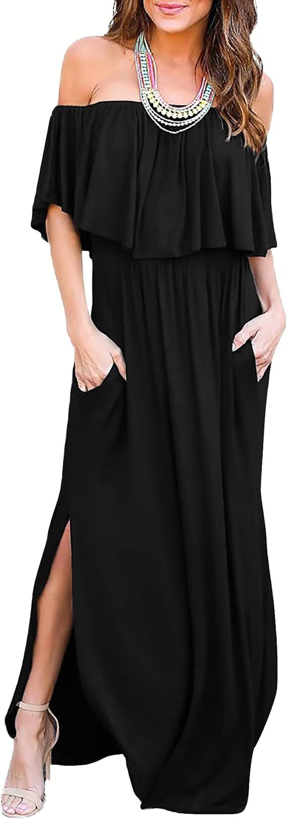 Womens Off The Shoulder Ruffle Party Dresses Side Split Beach Maxi Dress | Amazon (US)
