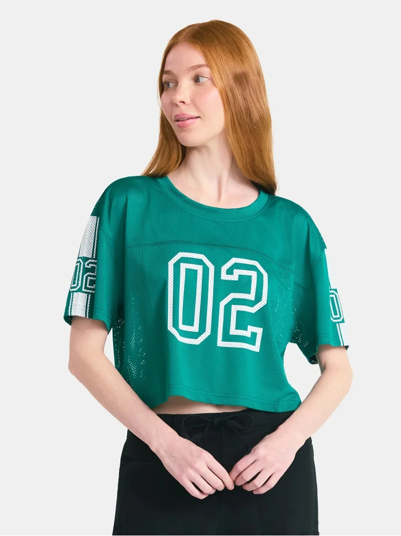 No Boundaries Mesh Cropped Varsity Tee, Women's - Walmart.com | Walmart (US)