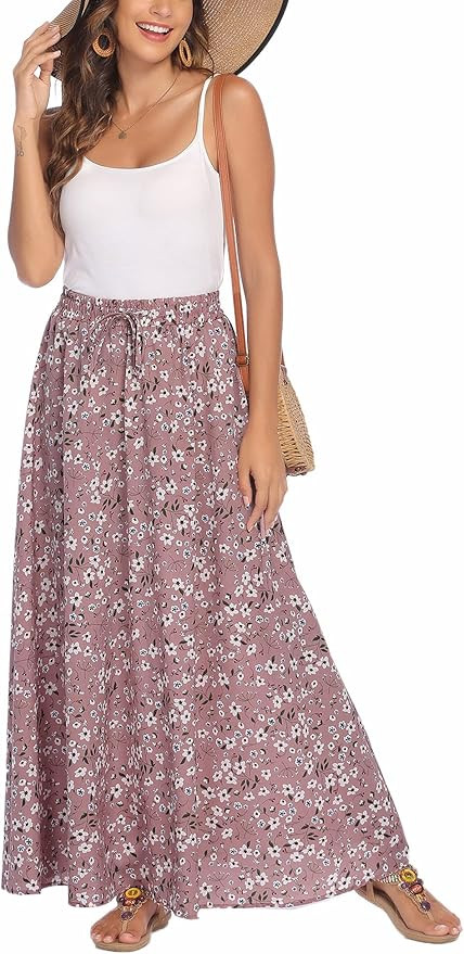 Bluetime Women Flowy Long Skirts Summer Beach Pleated Elastic High Waisted Casual Maxi Skirts | Amazon (US)