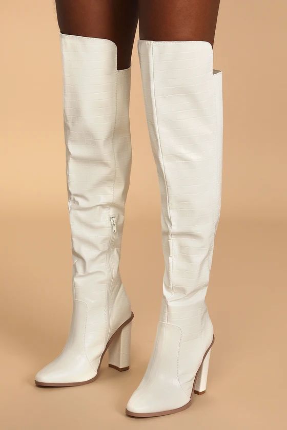 Rowee White Crocodile-Embossed Over the Knee Boots | Lulus (US)