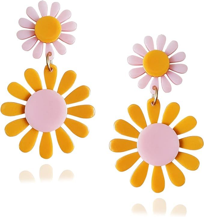 Fiklon 60s 70s Daisy Earrings for Women, Orange Flower Drop Dangle Bohemian Boho Earring Jewelry ... | Amazon (US)