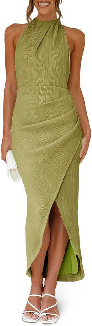 Fisoew Womens Halter Neck Party Dress Sleeveless Slit Textured Backless Sim Fit Ruched Sexy Midi ... | Amazon (US)