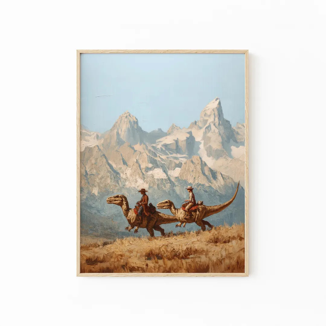 Vintage Cowboy Riding Dinosaur Together Painting Print | Western Jurassic Wall Art | Funny Gift f... | Etsy (Global)