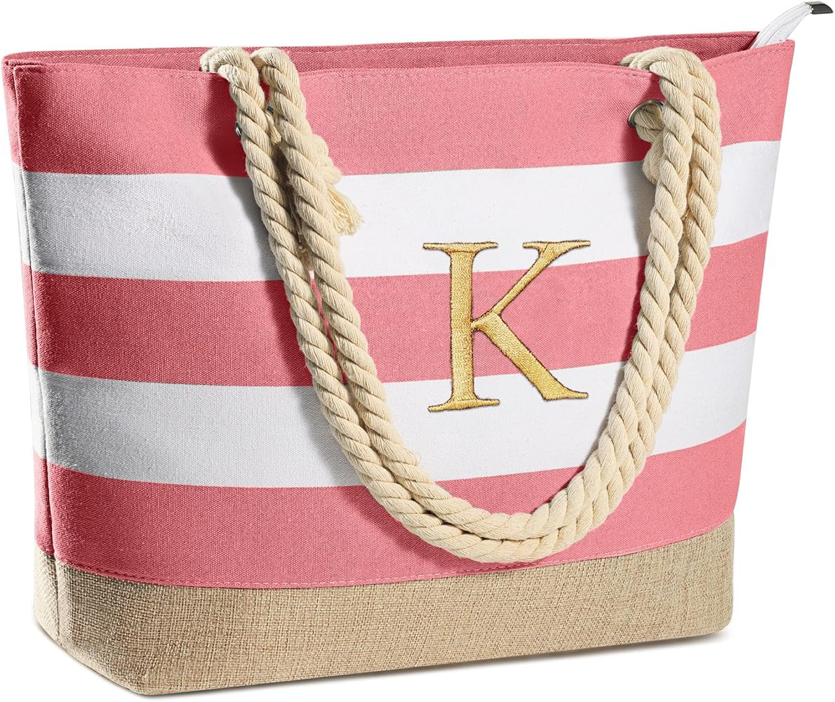 YOOLIFE Initial Canvas Waterproof Beach Tote Bag Zipper Personalized Gifts for Women Her Birthday... | Amazon (US)