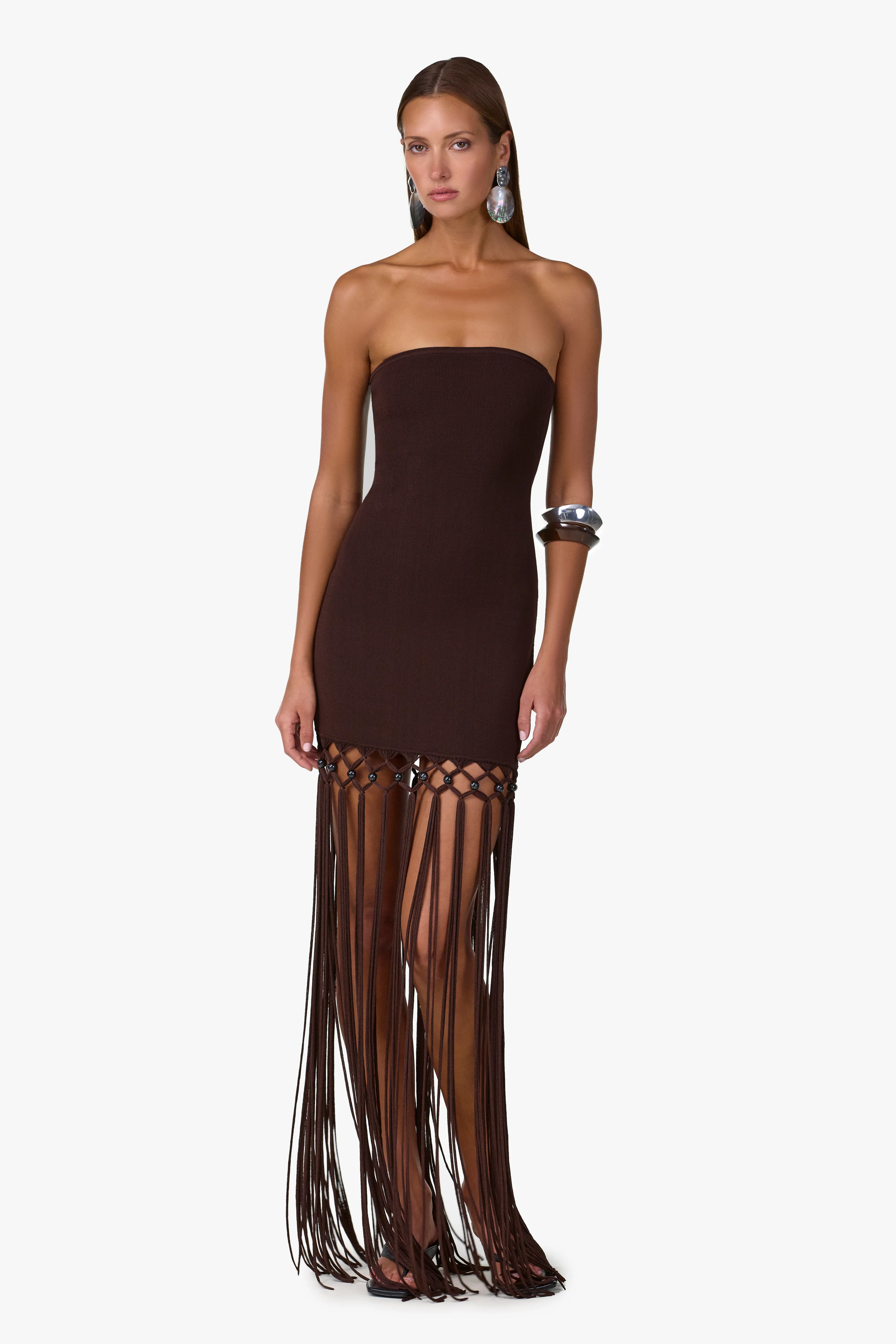 Strapless Beaded Fringe Dress (Chocolate Brown) L / Chocolate Brown | SAME