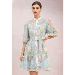Floral Jacquard Puff Sleeves Organza Buttoned Belted Dolly Dress in Baby Blue for Garden Parties ... | Chicwish