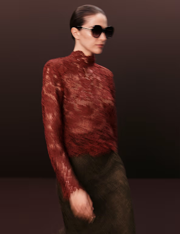 Lace High Neck Padded Shoulder Top | Marks & Spencer (UK)