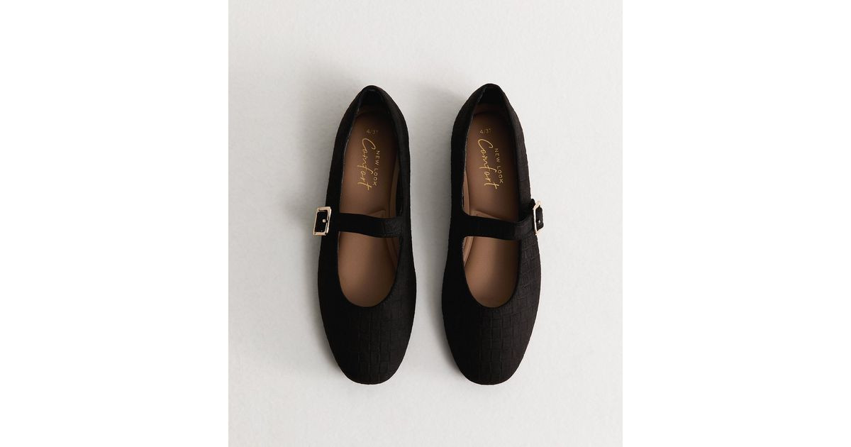 Women's Black Textured Faux Suede Buckled Mary Jane Flats Vegan New Look | New Look (UK)