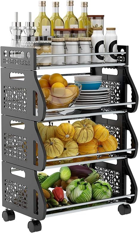 Fruit Storage Basket,DUSASA 4 Tier Rolling Stackable Vegetable Fruit Basket Utility Cart Rack,Met... | Amazon (US)