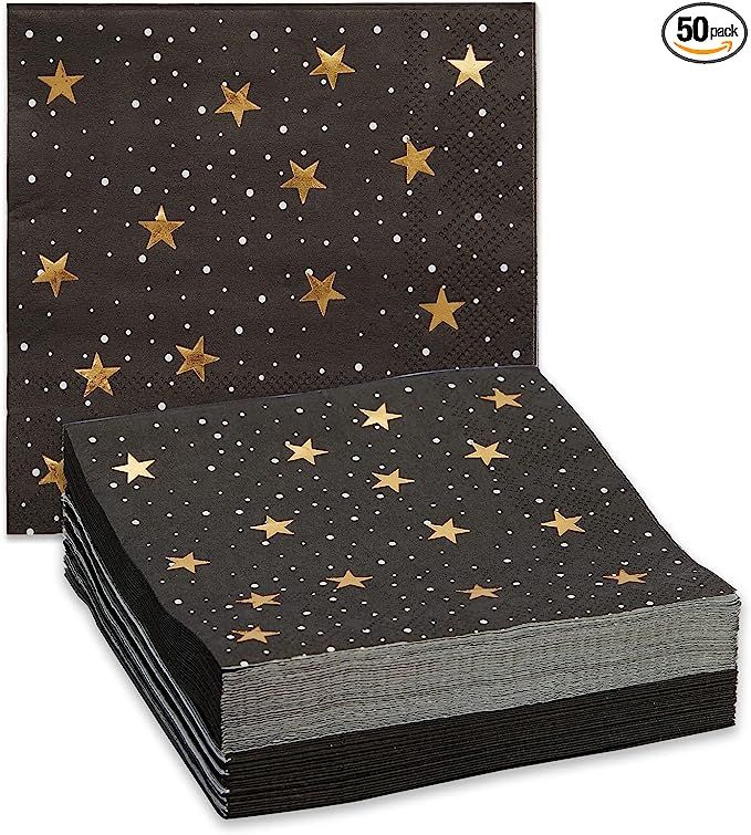 50 Pack Starry Night Cocktail Napkins, Black and Gold Foil for New Years Eve Party Supplies (5 x ... | Amazon (US)
