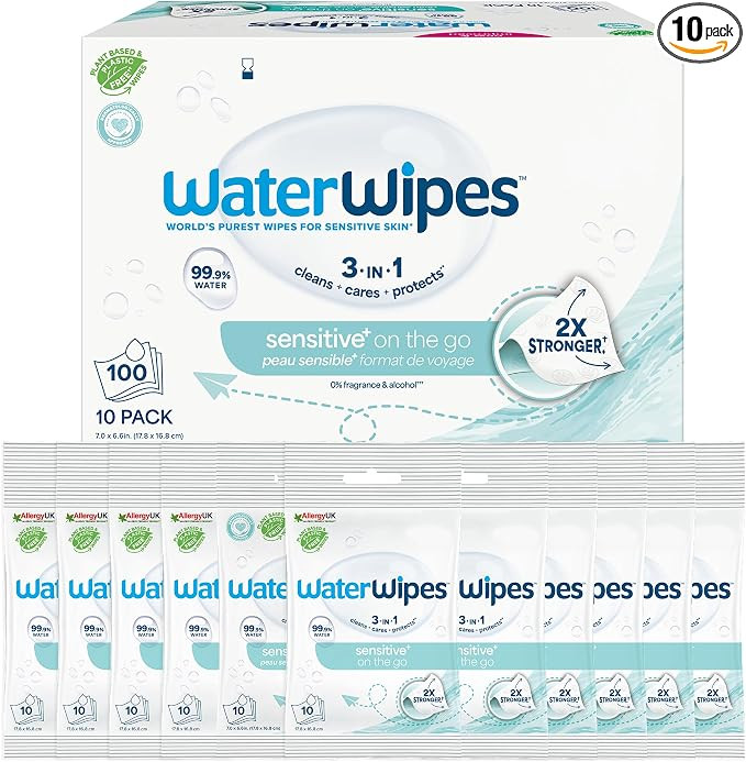 WaterWipes Sensitive+ On The Go Wipes, 100 Count (10 Packs), 3-In-1 Cleans, Cares, Protects, 99.9... | Amazon (UK)