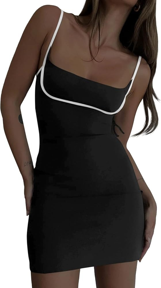 Fisoew Women's Sexy Summer Casual Bodycon Dresses Spaghetti Strap Sleeveless Square Neck Contrast... | Amazon (US)