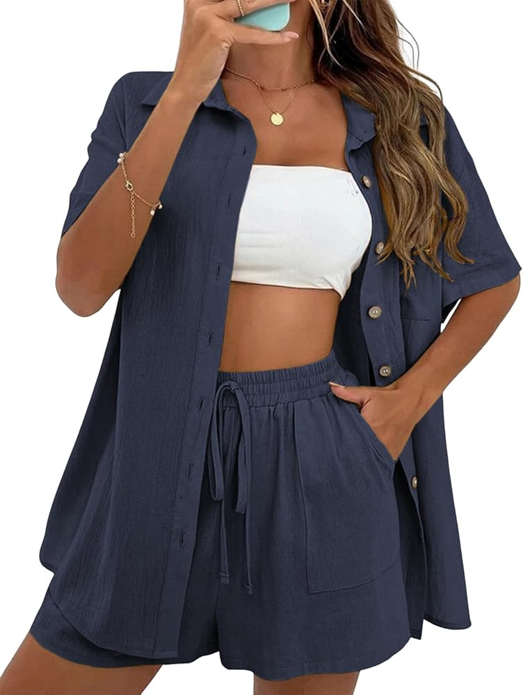 APAFES Women Summer Cotton Linen Short Sets 2 Piece Shorts Top Lounge Beach Vacation Two Piece Ou... | Amazon (US)