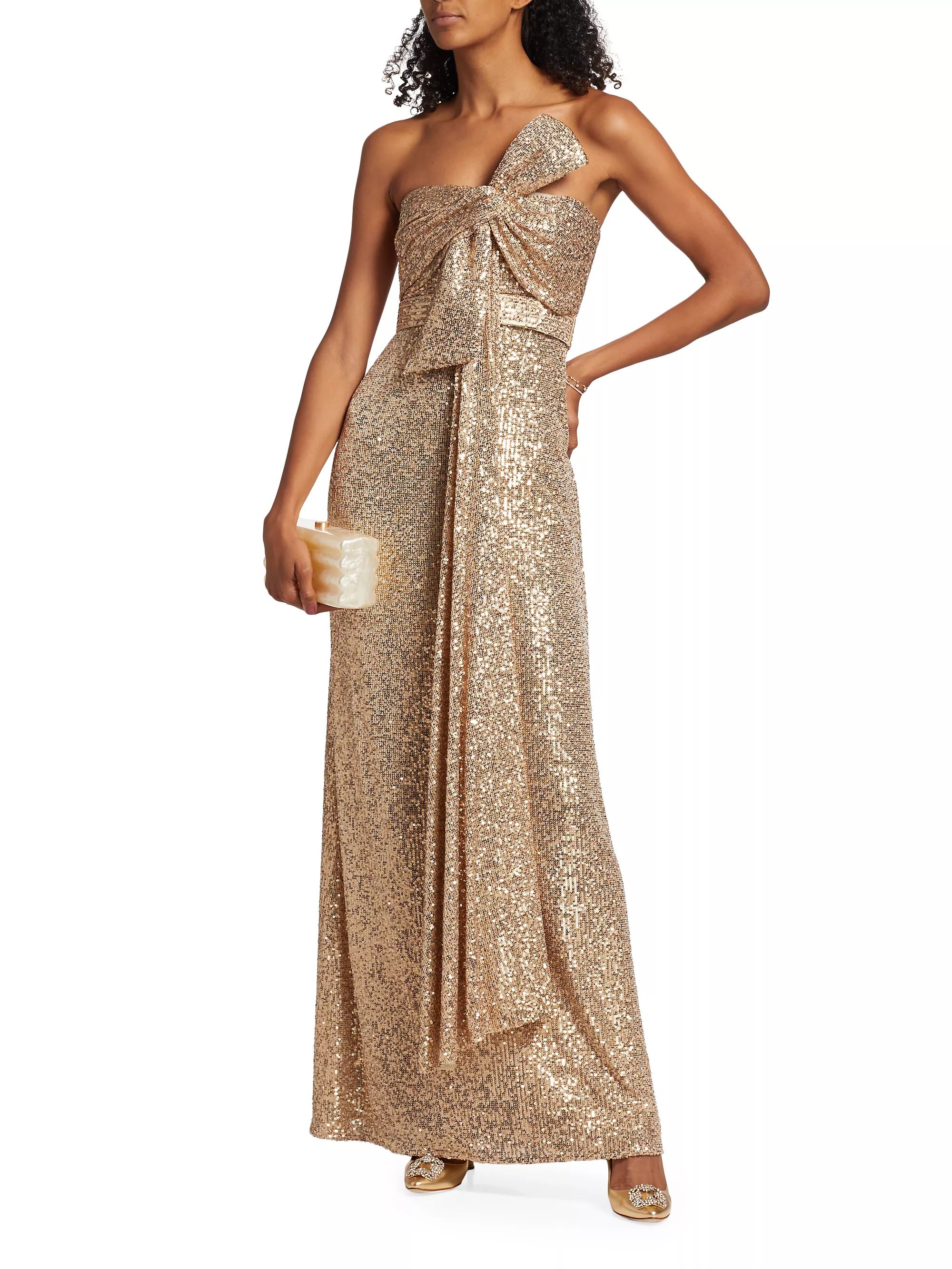 Shop Badgley Mischka Strapless Sequin Bow Gown | Saks Fifth Avenue | Saks Fifth Avenue