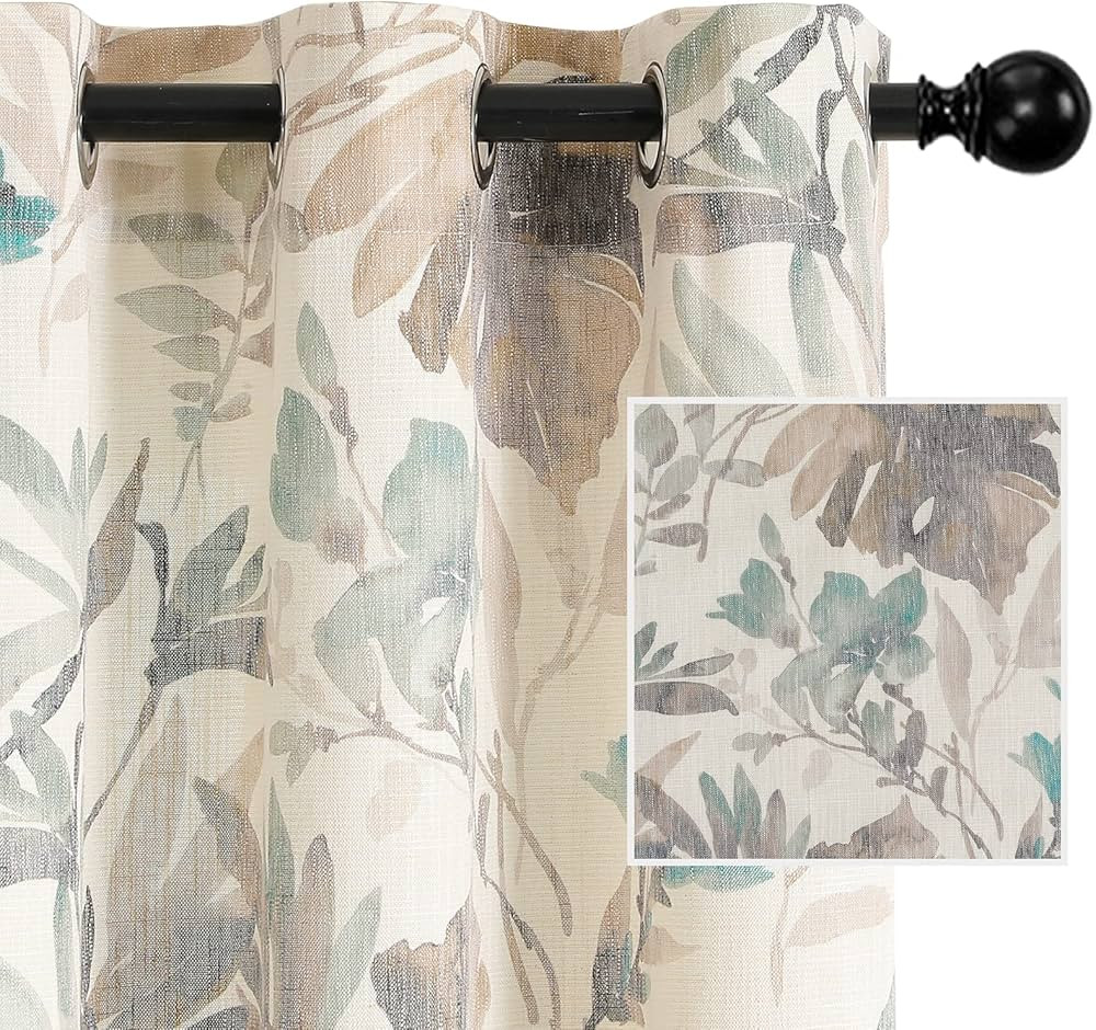 MYSKY HOME Floral Curtains Linen Style Curtains 84 Inch Length Semi Sheer Curtains Light Filterin... | Amazon (US)