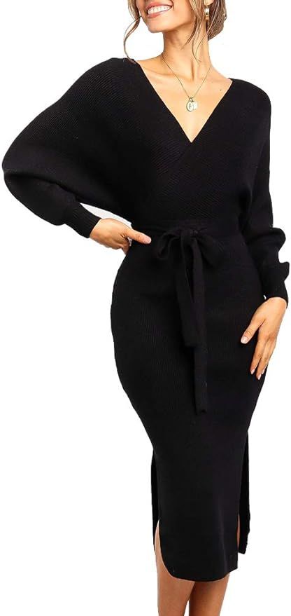 Chang Yun Women's Long Maxi Sweater Dresses Sexy Wrap Batwing V Neck Slit Open Back Holiday Bodyc... | Amazon (US)