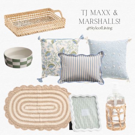 TJ Maxx and Marshalls! Coastal style spring and summer home finds! Home decor. Oval scalloped bath mat, tan wicker hand soap, serving tray, throw pillows indoor and outdoor, picture frame, pet food bowls checkered patterned.

#LTKSeasonal #LTKHome #LTKStyleTip