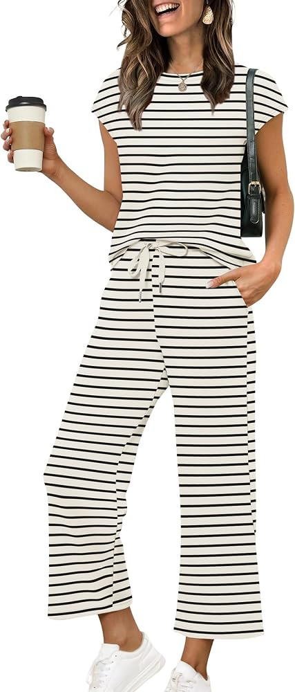 Sampeel Two Piece Sets for Women Summer Vacation Outfits Cap Sleeve Tops Lounge Matching Sets Clo... | Amazon (US)