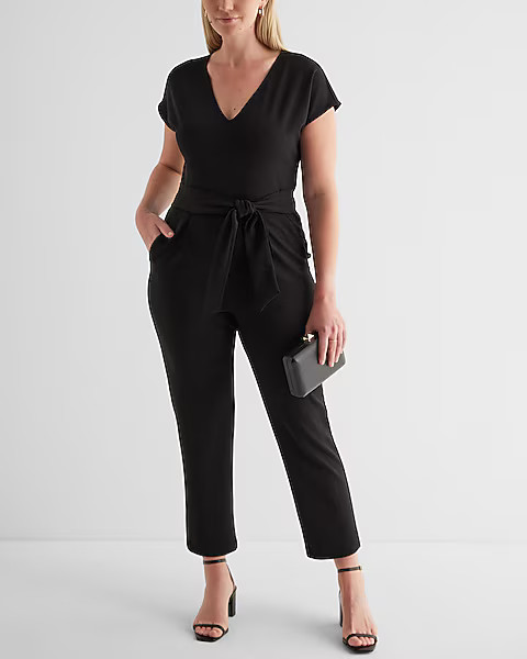 V-Neck Tie Waist Straight Leg Jumpsuit | Express
