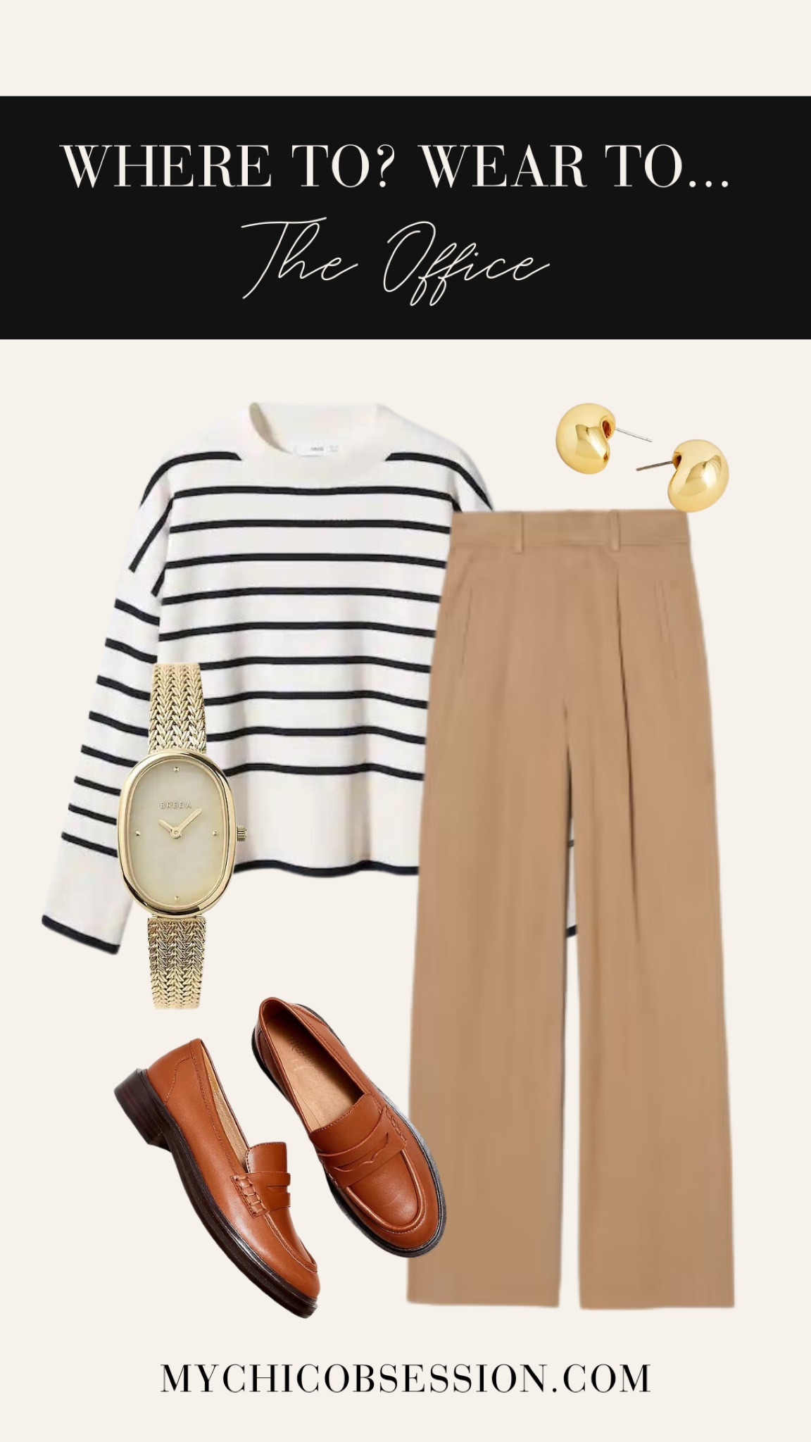 Striped sweater from Mango, khaki tab wide legged trousers, leather loafers, huggie gold hoop earrings and a gold watch with a moonstone face from Breda. 