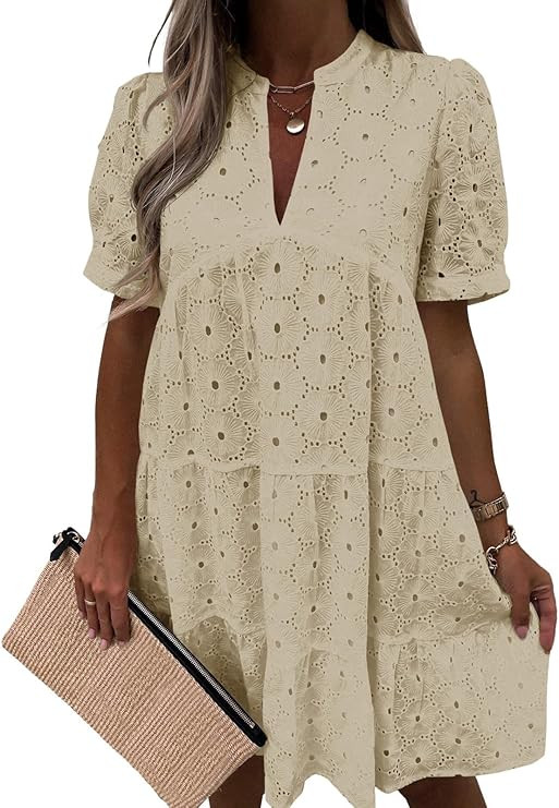 Imily Bela Womens Summer Lace Dresses Eyelet Casual Flowy Babydoll Swing Short Sleeve V Neck Tuni... | Amazon (US)