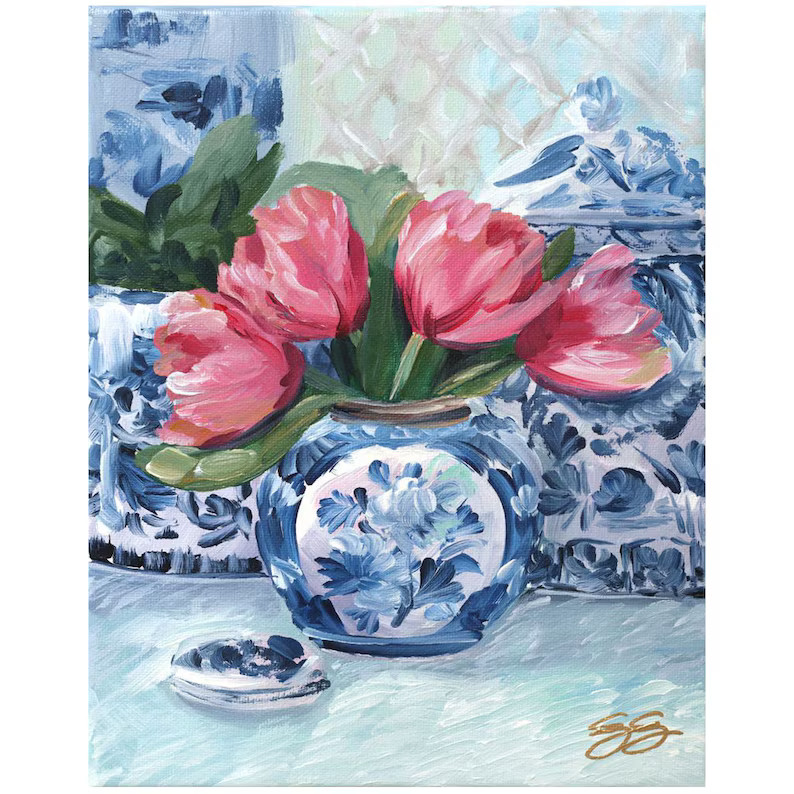 Pink Tulips, Blue Vase; A Fine Art Print on Canvas - Etsy | Etsy (US)