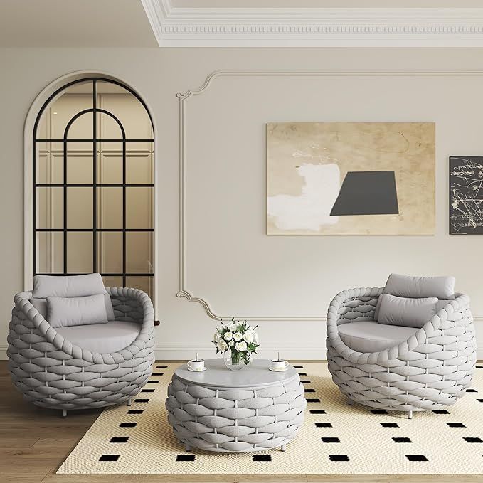3 Pieces Aluminum Patio Furniture Set, Hand Woven Textilene Rope Outdoor Sofa Set w/Washable Cush... | Amazon (US)