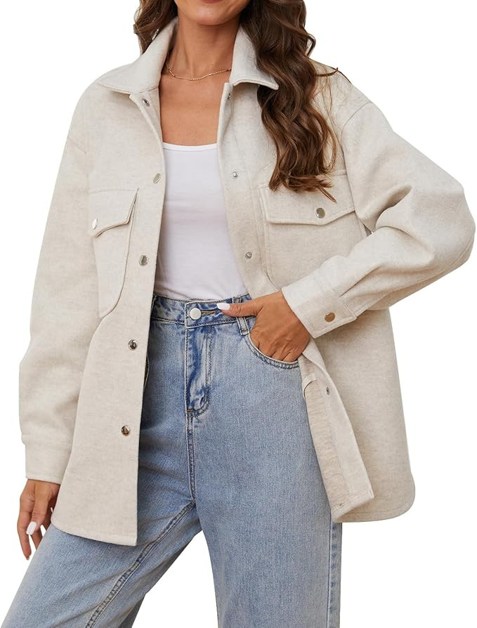 OSTOO Women's 2024 Oversized Lightweight Long Sleeves Shacket Jacket Button Down Wool Blend Coats... | Amazon (CA)