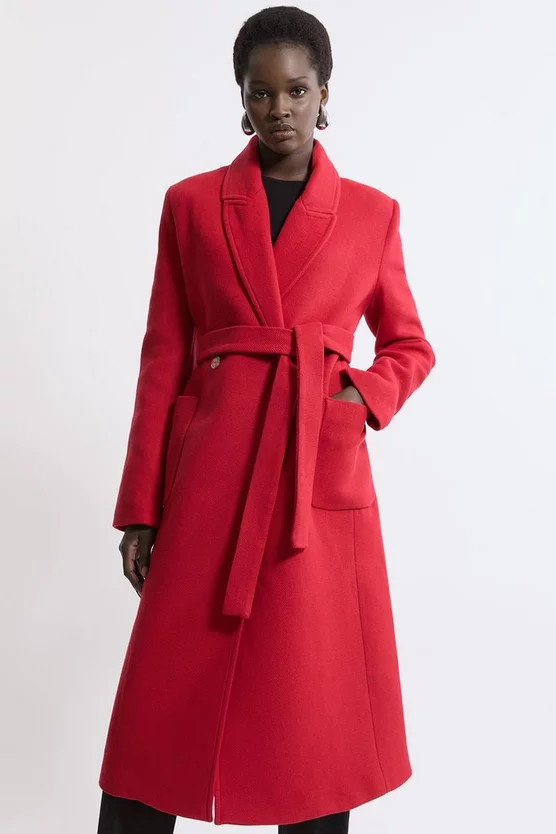 Italian Manteco Wool Blend Wrap Belted Tailored Midi Coat | Karen Millen US