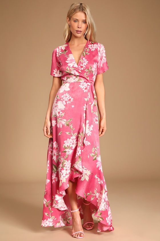 Forever Elegant Pink Floral Print Satin Ruffled Maxi Dress | Lulus (US)