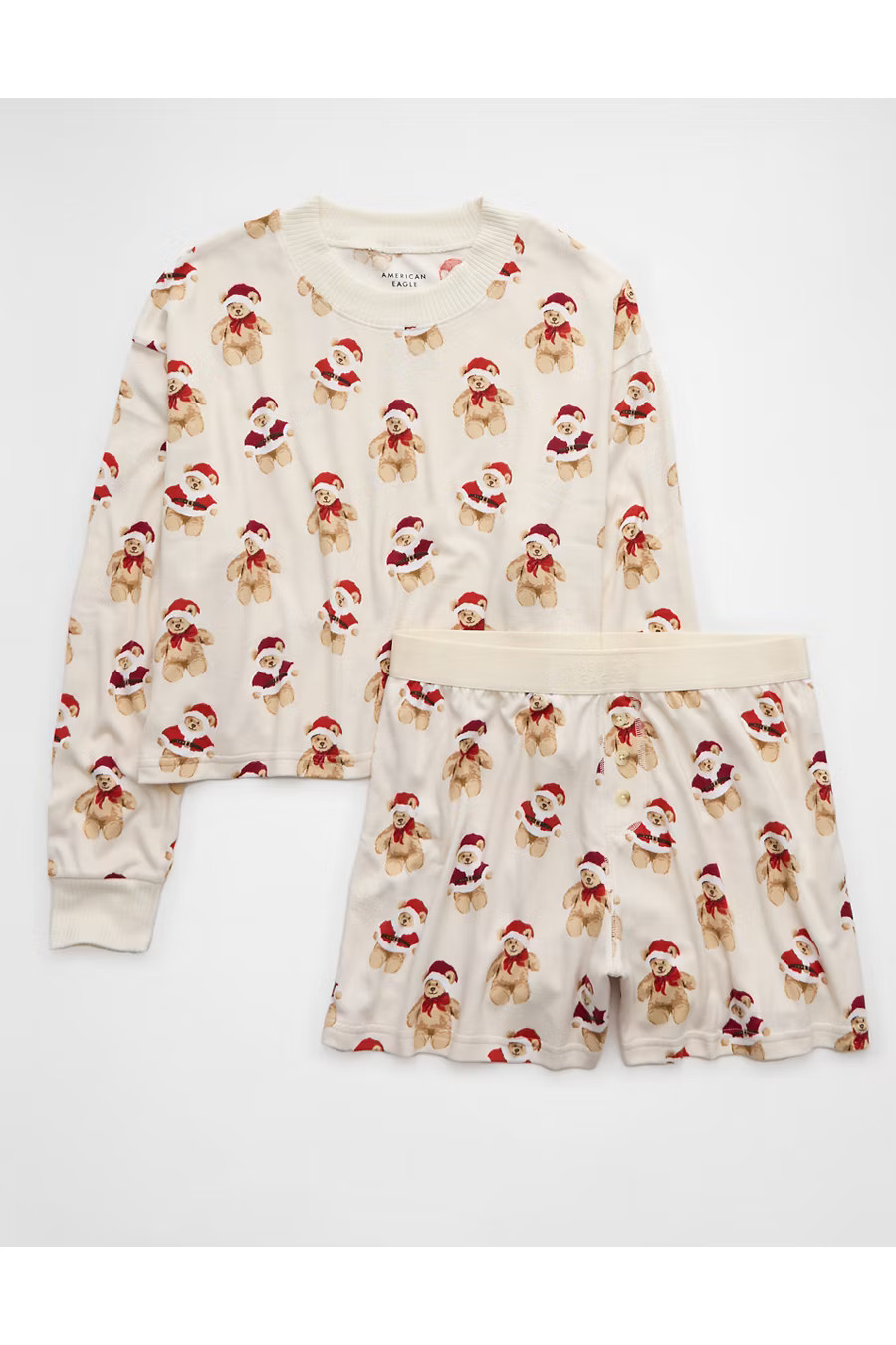 AE Holiday Teddy Bear Plush PJ Set Women's Cappuccino L | American Eagle Outfitters (US & CA)